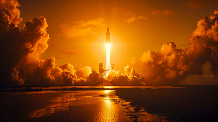 Space Rocket Soars Captivating Cloudscape Landscape Ignition - obrazy, fototapety, plakaty
