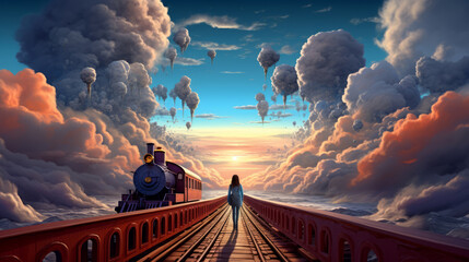 woman walking along a track through clouds, surreal dream scene - obrazy, fototapety, plakaty