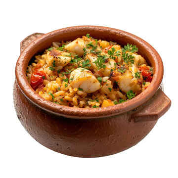 front view of Arroz de Tamboril with Portuguese monkfish rice, featuring rice cooked with monkfish, tomatoes, and herbs, isolated on a white transparent background