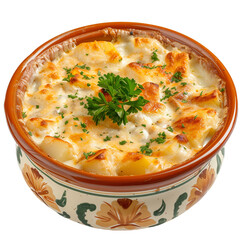 front view of Bacalhau com Natas with Portuguese creamy cod casserole, featuring layers of cod, potatoes, and cream, baked to perfection, isolated on a white transparent background - obrazy, fototapety, plakaty