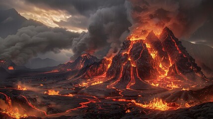 Captivating view of a volcano erupting at night dark tones and bright lava contrasting against the shadowy landscape - obrazy, fototapety, plakaty