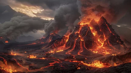 Foto op Canvas Captivating view of a volcano erupting at night dark tones and bright lava contrasting against the shadowy landscape © BritCats Studio