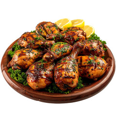 front view of Frango de Churrasco with Portuguese grilled chicken, featuring marinated and flame-grilled chicken, isolated on a white transparent background