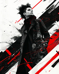 Runway Royalty A Bold Black and White Fashion Poster Featuring a Striking Model and Graphic Elements in Red