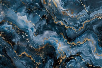 background with blue and gold marble texture, detailed fluid art in navy tones with golden glitter accents, perfect for luxury design projects - obrazy, fototapety, plakaty