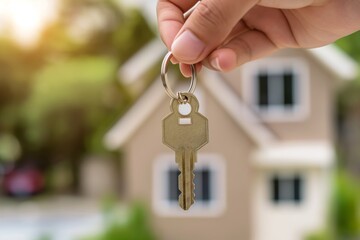 Hand holding house key on home background