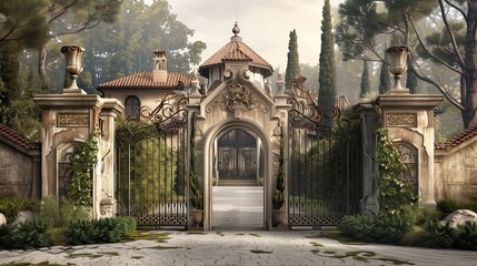 A Gothic-inspired villa entrance with a wrought iron gate and stone archway.
