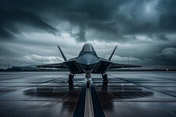 Stealth fighter jet on gloomy runway