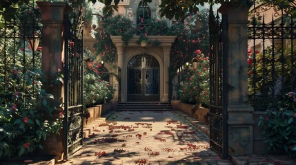 A grand villa entrance with ornate wrought iron gates and cascading ivy.