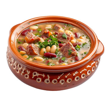 front view of Sopa da Pedra with Portuguese stone soup, featuring a hearty soup with beans, chorizo, and meat, isolated on a white transparent background