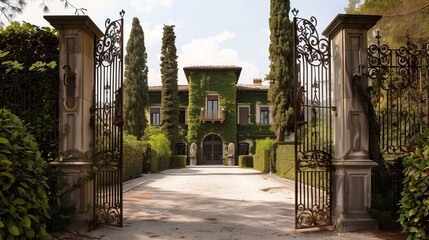 A grand villa entrance with ornate wrought iron gates and cascading ivy.