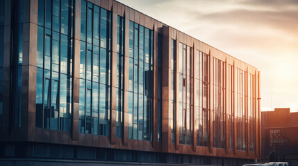 Modern Corporate Building Facade at Sunset - obrazy, fototapety, plakaty