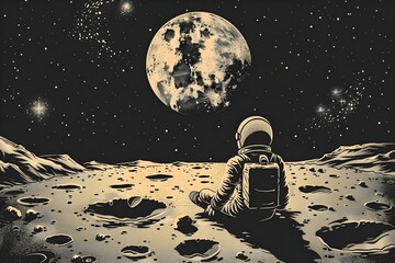 Lone Astronaut Contemplating on the Moon's Surface. Concept Space Exploration, Astronaut Photography, Moon Landing, Solitude, Reflective Moments - obrazy, fototapety, plakaty