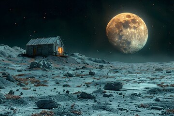 Lunar Outpost: Humanity's Tranquil Frontier. Concept Space Exploration, Lunar Mission, Future Settlements, Moon Colonization, Space Innovation - obrazy, fototapety, plakaty