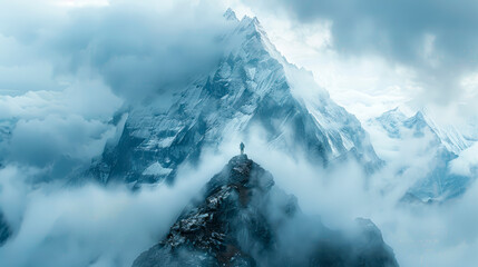Conquering the Clouds: A Climber's Triumph on the High Mountain Peak - obrazy, fototapety, plakaty