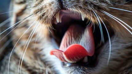 Macro Texture of a Red Cat Tongue, Specific to Domestic Cat Breed - Animal and Carnivore Pet Macro Image - obrazy, fototapety, plakaty