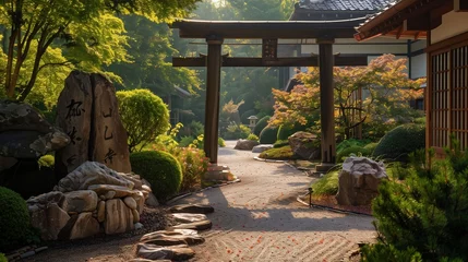 Rollo A Japanese villa entrance featuring a torii gate and serene rock garden. © Tayyab