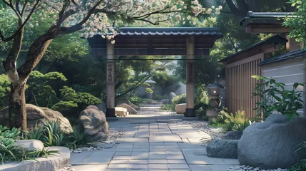 Gordijnen A Japanese villa entrance featuring a torii gate and serene rock garden. © Tayyab