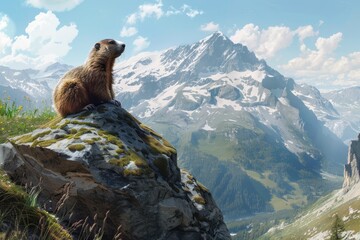 Majestic Marmot in the Mountains: A Wild Groundhog's Cute Encounter with Nature