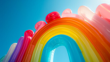 Vibrant Minimalist Rainbow Inflatable Floating in Blue Sky - obrazy, fototapety, plakaty