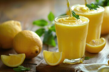Fototapeta premium Refreshing Lemon Smoothie in Glasses with Yellow Straws. Healthy Fresh Fruit Drink and Food for a Fresh Start