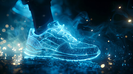 Particle-based Cinematic Sneaker Dissolution: Glowing Translucent Fluorescence in Cyan and Sky Blue. Dynamic Forces and Physics Simulation Refinement in After Effects. - obrazy, fototapety, plakaty