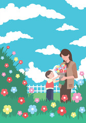 Obraz na płótnie Canvas Mother's Day, child giving flowers to mother illustration vector