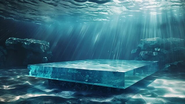 Let your mind drift away to a state of utter calmness with this podium image of an underwater utopia. The transparent blue acrylic . AI generation.