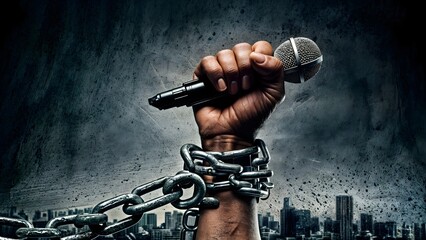 Embracing Press Freedom: Hand Holding Mic and Chain, Journalism Liberty Concept