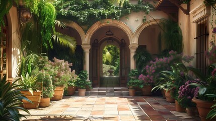 A Mediterranean-style villa entrance with arched doorways, terracotta tiles, and lush greenery.