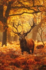 Noble stag, antlers like golden crowns, standing in a forest of autumn gold