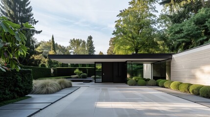 A modernist villa entrance with a minimalist gate and linear landscaping.