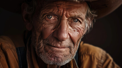 Wise older man with penetrating gaze and cowboy hat, cowboy portrait with wrinkles on his face