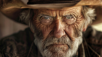 Wise older man with penetrating gaze and cowboy hat, cowboy portrait with wrinkles on his face