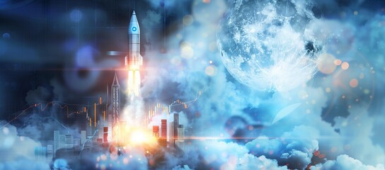 Digital art of a Bitcoin-branded rocket soaring above a glowing cityscape and financial graphs, symbolizing cryptocurrency growth.