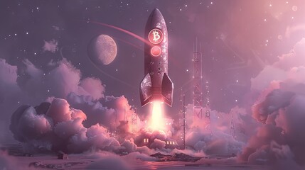 Digital artwork featuring a Bitcoin-emblazoned rocket launching at dusk amidst fluffy pink clouds with a cosmic backdrop.