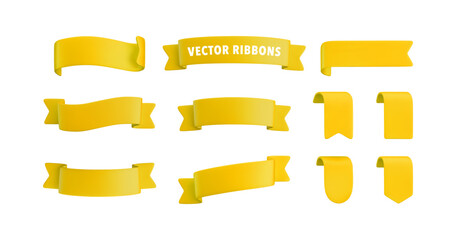 Vector Realistic 3d Ribbons and tags set. Cartoon 3d yellow ribbons collection on white background. Vintage design element, decorative sticker. Cute folded ribbon for sale banner, advert, game, app.
