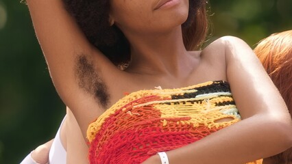 Sexy african american woman raise arm hand. 20s black happy girl show hairy armpits. Body positive...