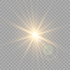 Obraz premium Yellow glowing light explodes on a transparent background. Sparkling magical dust particles. Bright Star. Transparent shining sun, bright flash. Vector sparkles.
