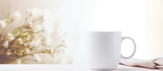 Obraz na płótnie Canvas Serene Coffee Cup with Floral Soft-focus Background