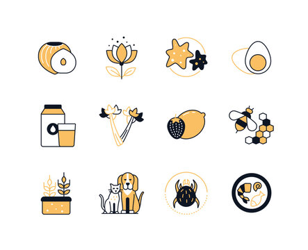 Allergens - modern line design style icons set with editable stroke. Products causing allergy. Nut, pollen, egg, honey and bees, strawberry and lemon, pets, seafood, beetle and soil with sprout idea