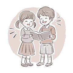 一緒に本を読む男の子と女の子のイラスト素材