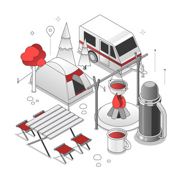 Tourism - isometric black and red line illustration. Clean, stylish art with thin fine design. Out-of-town rest in a forest or in a protected area with a tent. Forest, vacation, house on wheels