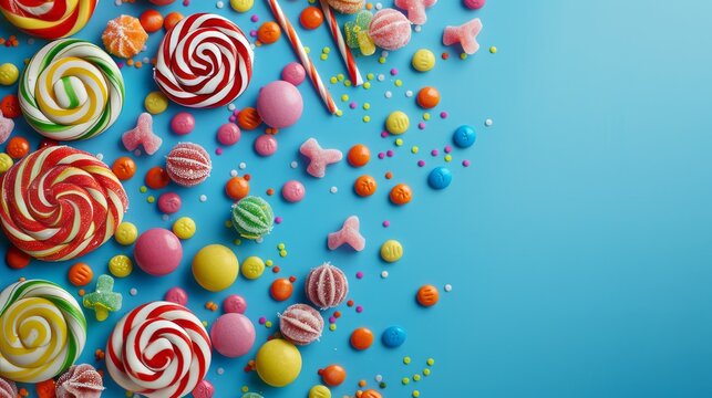 The concept of National Candy Day, top view. Copy space area for text. Background, banner, template. Food for Children. Candy and party event.
