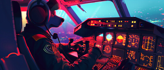 3D vector of a dog in pilot uniform navigating the control tower, - obrazy, fototapety, plakaty