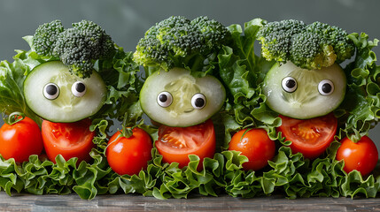 cucumber and tomato. Cucumber with funny eyes. Concept healty food - obrazy, fototapety, plakaty