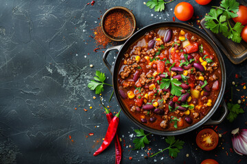 Mexican food - Chili con carne on wood background, menu shot