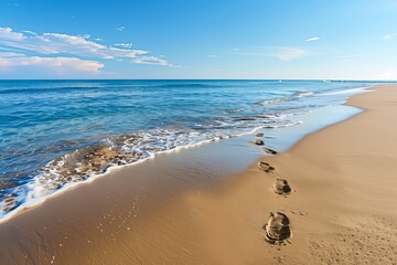peaceful beach vista with footprints washing away in gentle surf