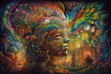 Ayahuasca experience, spiritual psychedelic hallucinations surreal illustration - obrazy, fototapety, plakaty