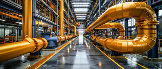 Fototapeta premium Array of industrial Pipes in and around Buildings Wallpaper Cover Background Brainstorming